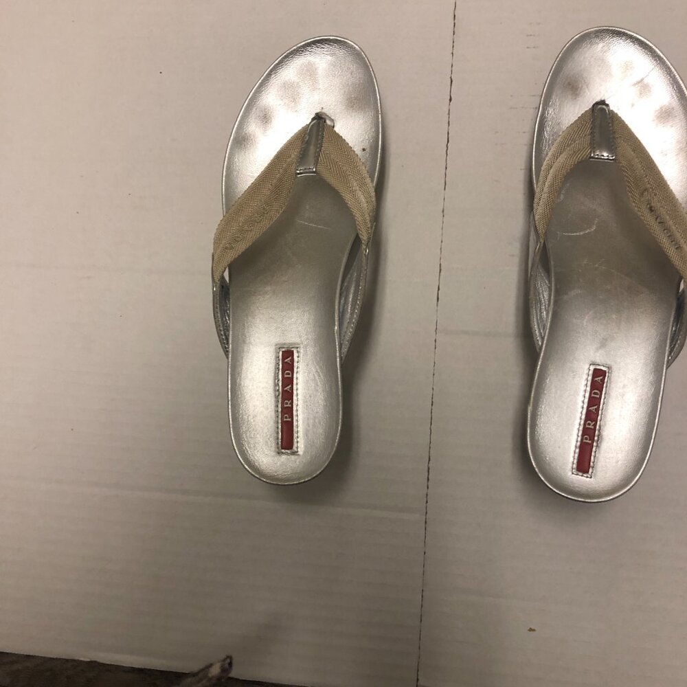 Prada silver platform wedge T-strap open toe leat… - image 2